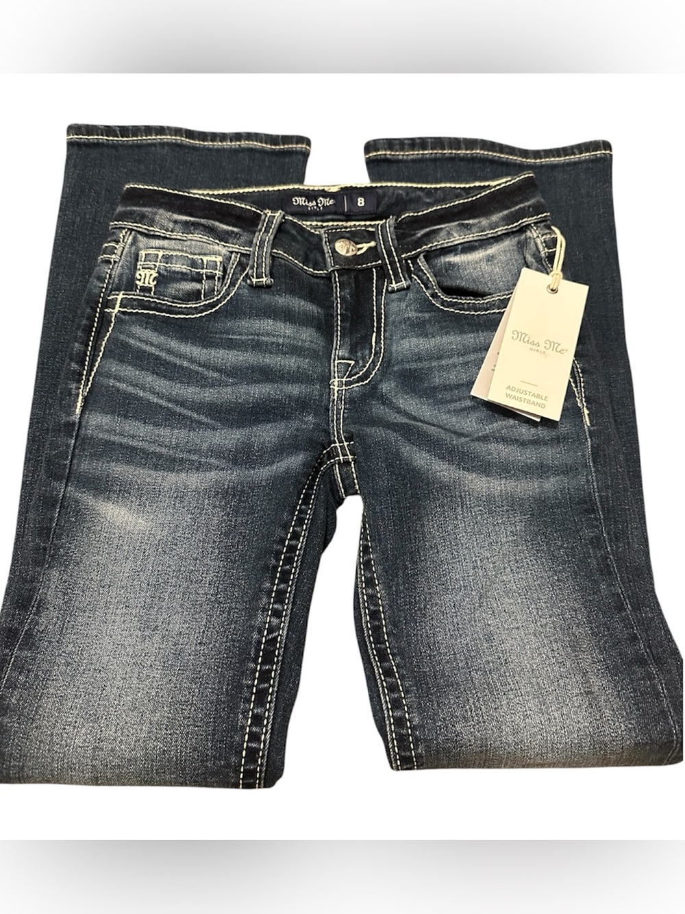 Girls Miss Me Indigo Jeans with White Stitching size 8